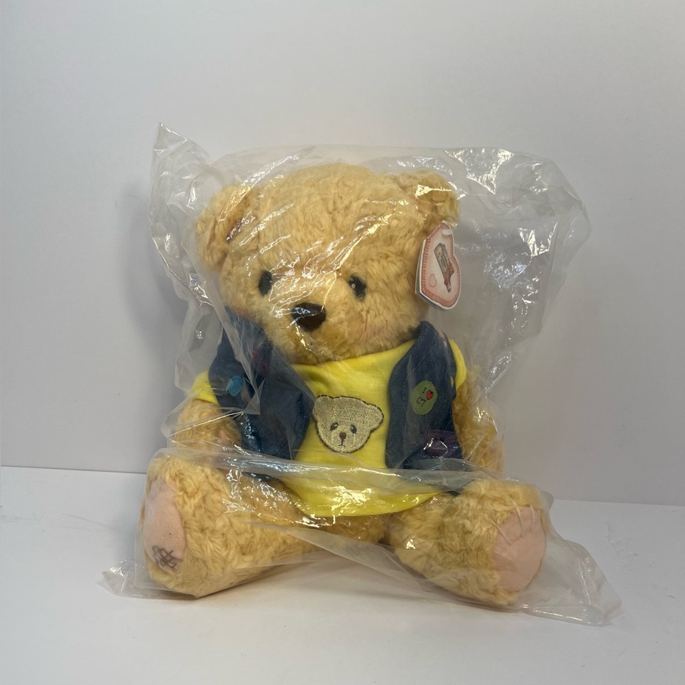 Cherished Teddies Plush Teddy Bear in Denim Vest Curly Fur Stuffed Animal NEW